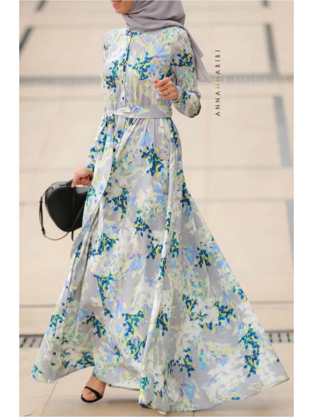 Annah Hariri Grey Sunshine Floral Modest Long Sleeve Maxi Dress Size 4